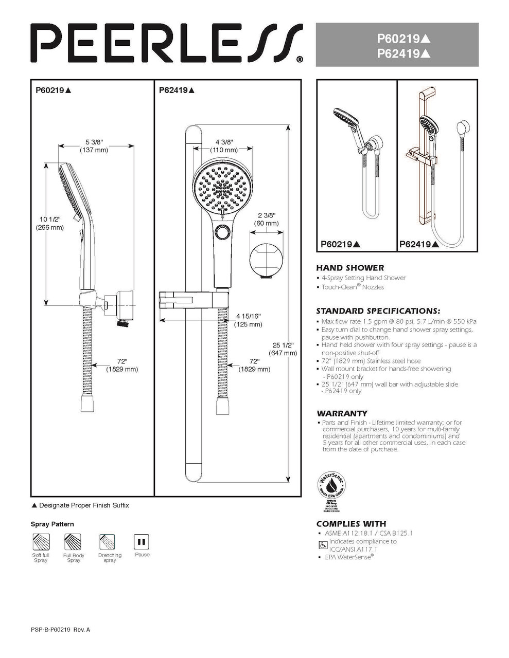 Peerless P62419-BN Xander Brushed Nickel 1.5 GPM 4 Spray Handshower w/ Slide Bar