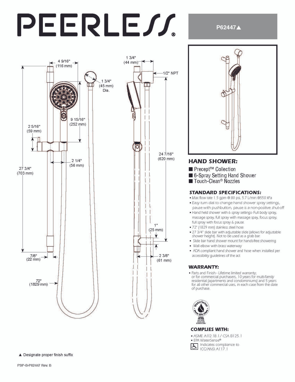 Peerless P62447-BN Precept Brushed Nickel 1.5 GPM 6 Spray Handshower w/ Slide Bar