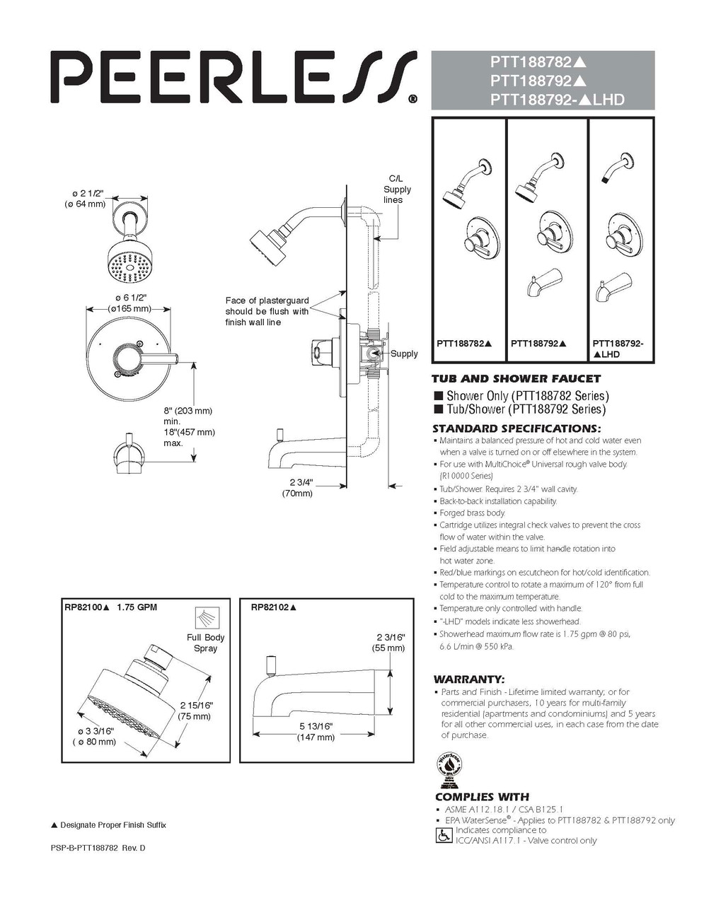 Peerless PTT188782-BN Precept Brushed Nickel 1-Handle Shower Trim Kit (Valve Not Included)