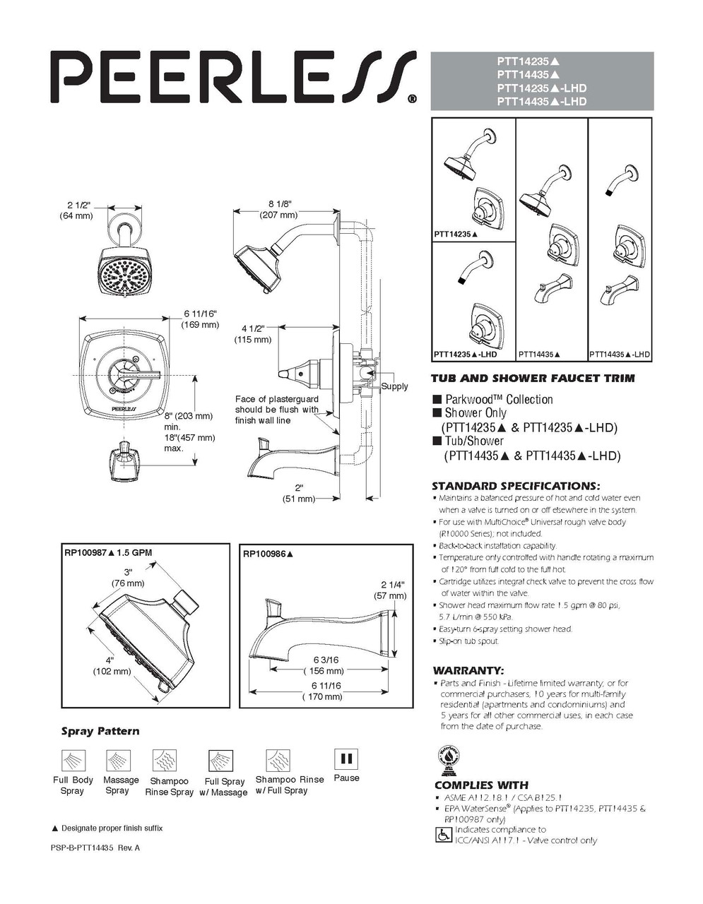 Peerless PTT14435-R Parkwood Polished Chrome 1-Handle Tub & Shower Trim Kit (Valve Not Included)