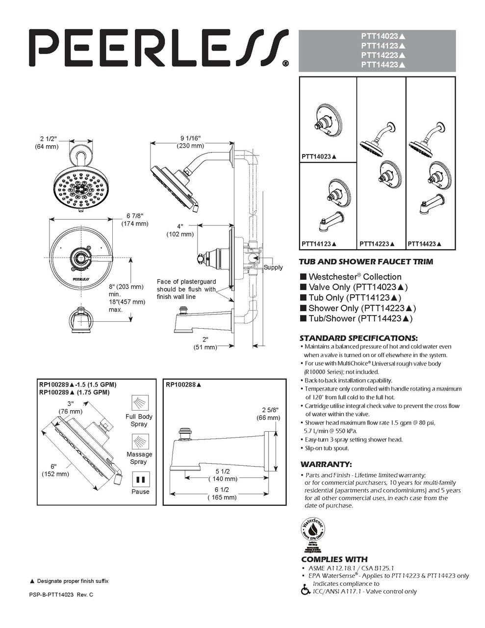 Peerless PTT14223-BN Westchester Brushed Nickel 1-Handle Shower Trim Kit (Valve Not Included)