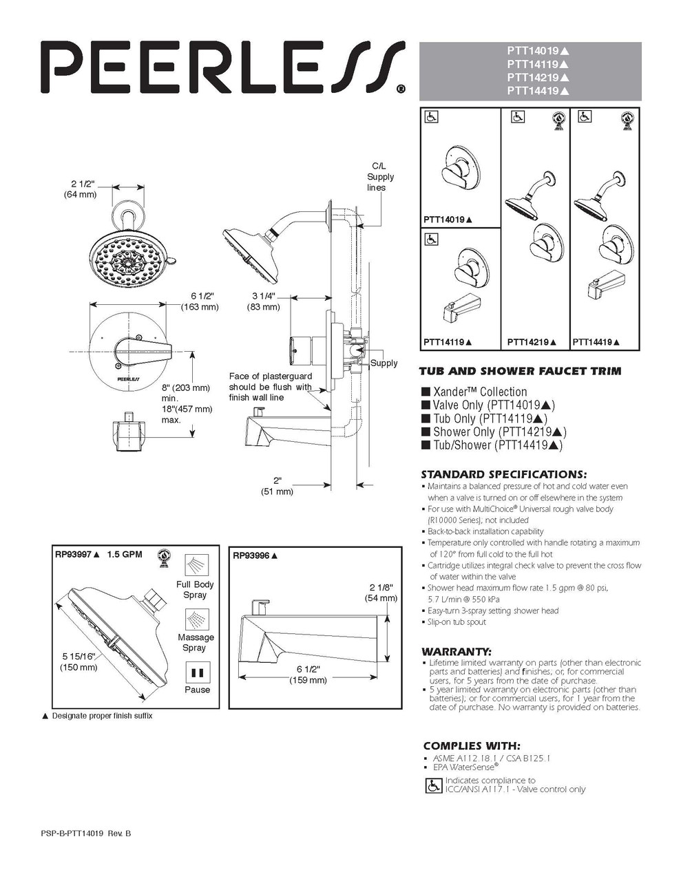 Peerless PTT14219-BN Xander Brushed Nickel 1-Handle Shower Trim Kit (Valve Not Included)