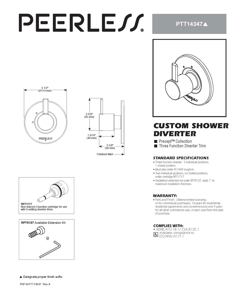 Peerless PTT14347-R Precept Polished Chrome 1-Handle 3-Setting Diverter Trim Kit (Valve Not Included)