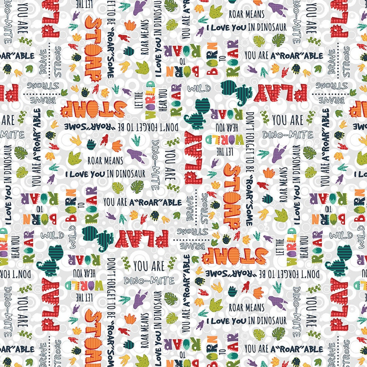 Henry Glass Born To Roar Dino Words Lt Gray Cotton Fabric By The Yard
