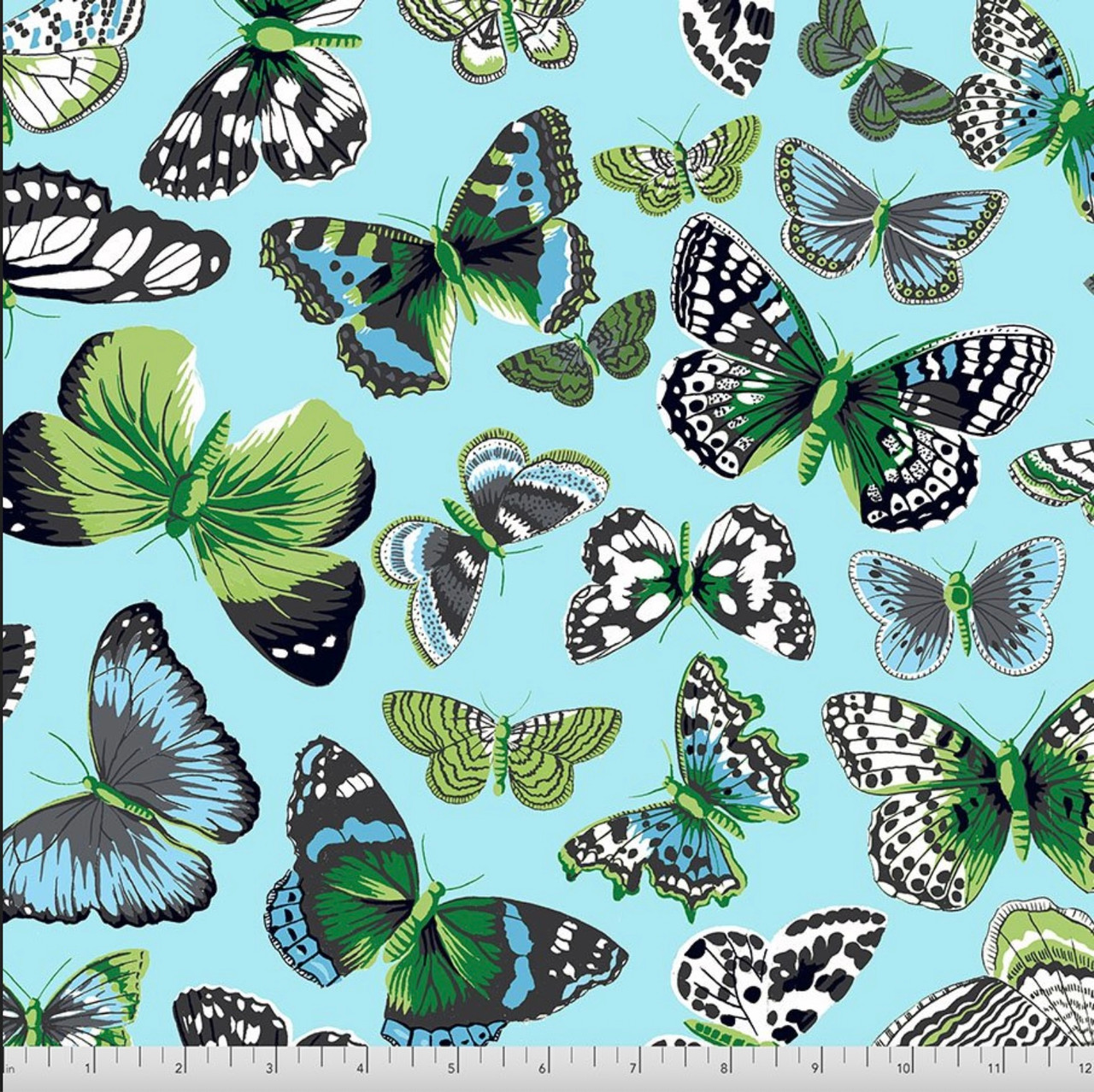 Free Spirit Snow Leopard Secret Stream Butterflies Aqua Cotton Fabric by The Yard