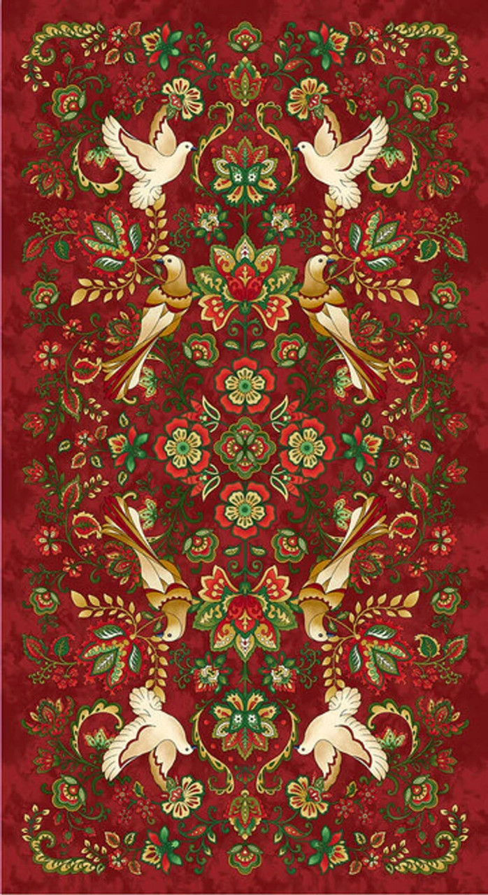 Henry Glass Jacobean Joyeux 24" Panel Red Cotton Fabric By The Yard