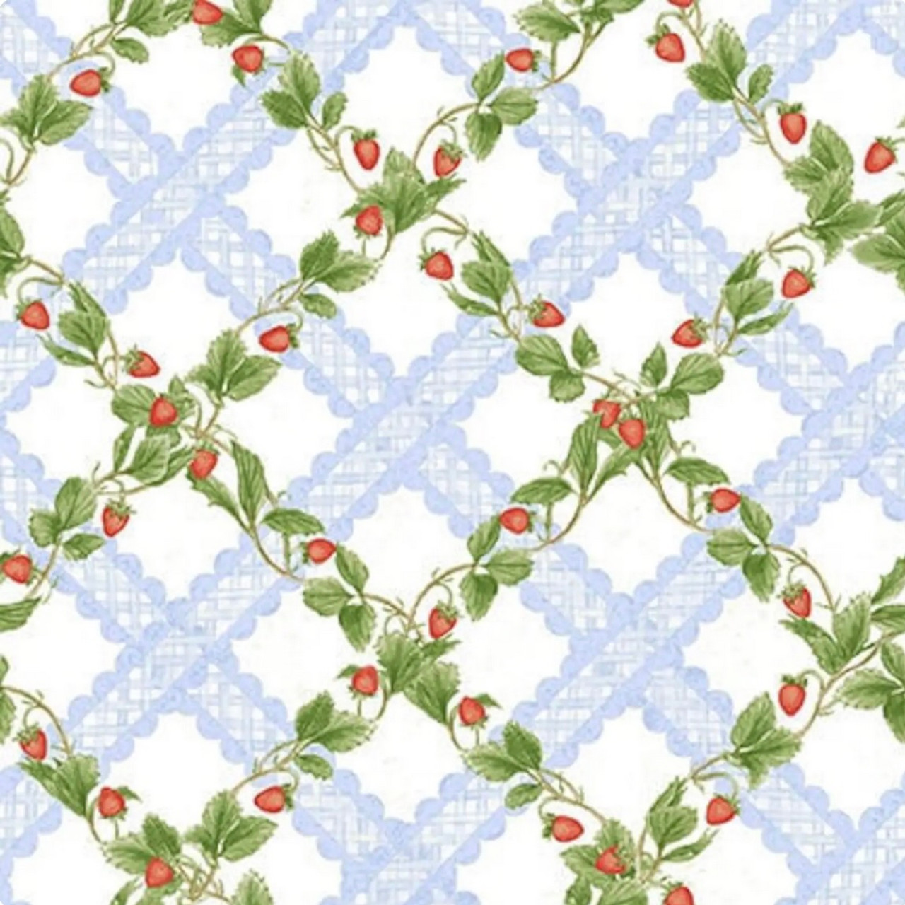 Henry Glass Strawberry Garden Lattice Lt Blue Cotton Fabric By The Yard