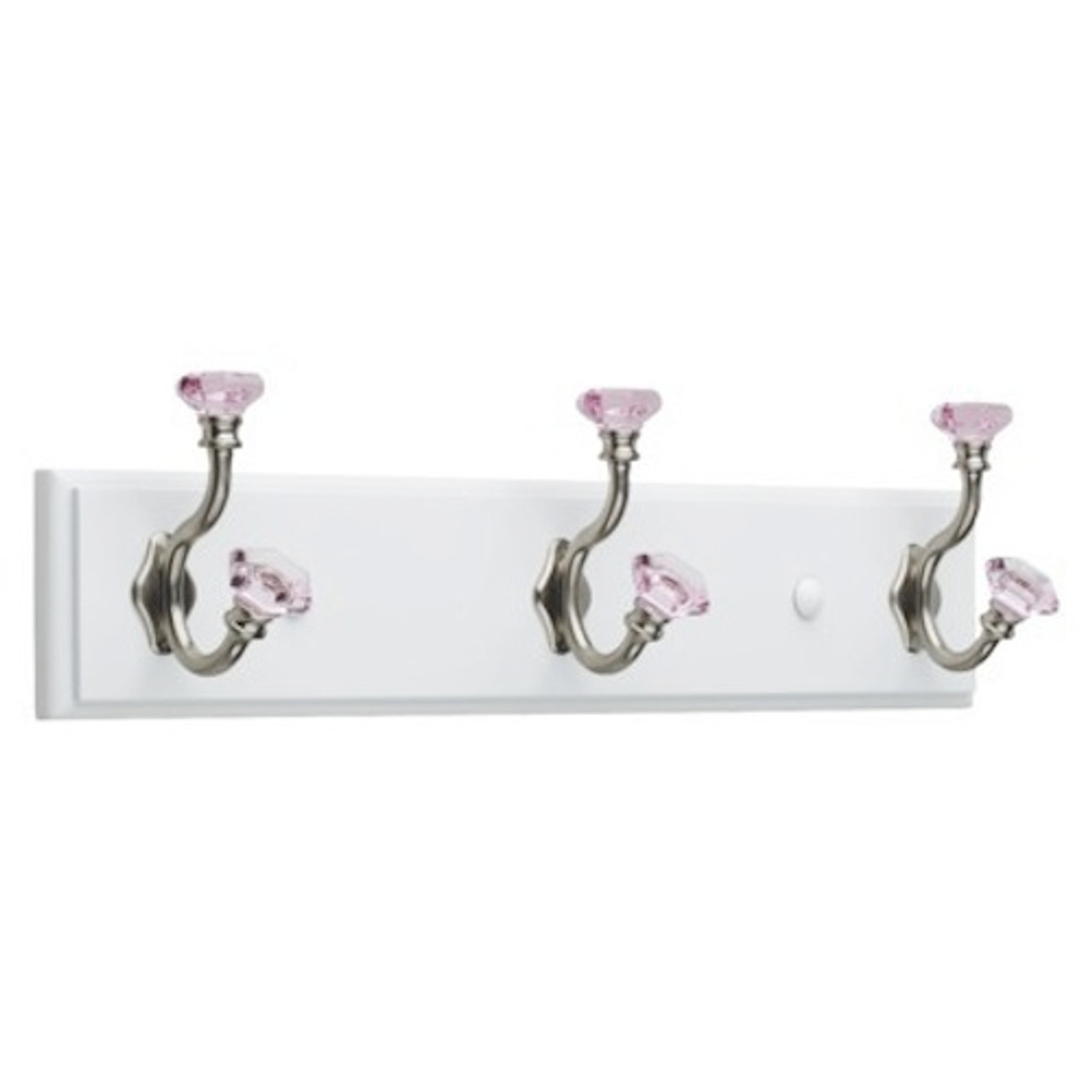 139628 16" 3 Hook Coat/Hat Rail White w/ Satin Nickel & Pink Acrylic Hooks