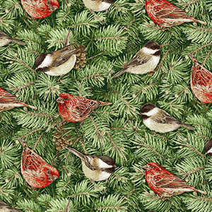 Henry Glass Holiday Botanical Birds on Pine Branches Green Cotton Fabric By The Panel Henry Glass Holiday Botanical Birds on Pine Branches Green Cotton Fabric By The Panel