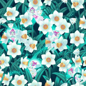 Henry Glass Pixies & Petals Pixies & Daffodils Green Cotton Fabric By The Yard Henry Glass Pixies & Petals Pixies & Daffodils Green Cotton Fabric By The Yard
