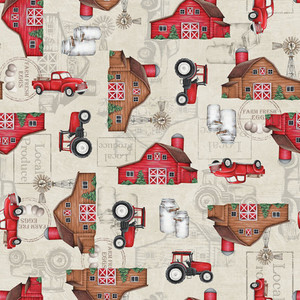 Blank Quilting Out To Pasture Barns, Tracotrs & Trucks Ivory Fabric By The Yard Blank Quilting Out To Pasture Barns, Tracotrs & Trucks Ivory Fabric By The Yard