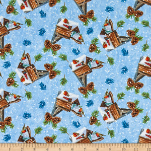 Henry Glass Winter Cottage Mailbox & Birds Lt Blue Fabric By The Yard Henry Glass Winter Cottage Mailbox & Birds Lt Blue Fabric By The Yard