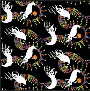 Henry Glass Witch's Night Out Tossed Ghosts On Pennants Black Glow Fabric By The Yard Henry Glass Witch's Night Out Tossed Ghosts On Pennants Black Glow Fabric By The Yard