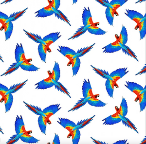 Henry Glass Birds In Paradise Flying Macaw Allover White Cotton Fabric By The Yard Henry Glass Birds In Paradise Flying Macaw Allover White Cotton Fabric By The Yard