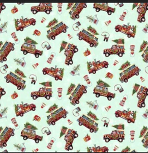 StudioE Snow Dog Express Campers & Trucks Mint Cotton Fabric By The Yard StudioE Snow Dog Express Campers & Trucks Mint Cotton Fabric By The Yard