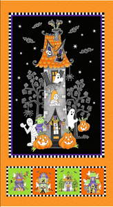 Henry Glass Here We Glow Halloween 24" Haunted House Panel Cotton Fabric By The Panel
