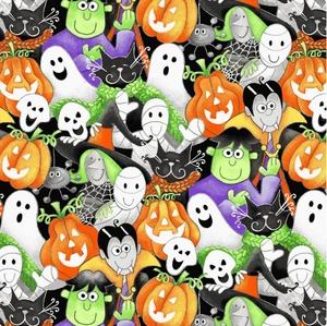Henry Glass Here We Glow Halloween Packed Faces Black Cotton Fabric By The Yard