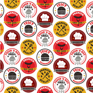 Henry Glass Peace, Love and BBQ Logo Motifs White Cotton Fabric By The Yard