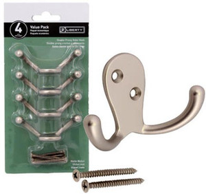 Liberty Double Prong Bathroom,Closet or Door Robe or Coat Hook 4pk - Nickel Finish