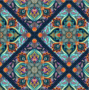 Studio E Blooming Paisley Diamond Medallion Sky Cotton Fabric By Yard