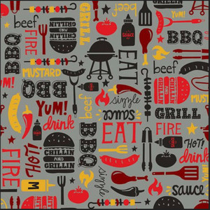Henry Glass Peace, Love and BBQ Words & Motifs Gray Cotton Fabric By The Yard