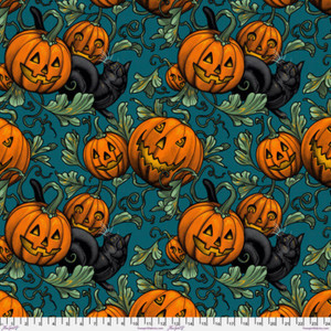 Free Spirit Storybook Halloween Pumpkin Patch Turquoise Cotton Fabric By Yard