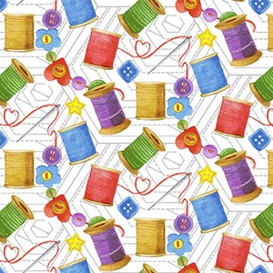 Henry Glass Just Sew Happy Sewing Thread Button White Cotton Fabric By The Yard