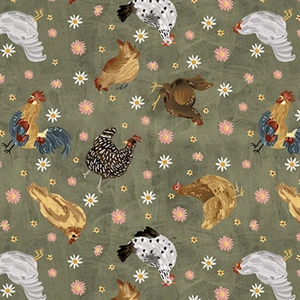 Blank Quilting Farm Country Tossed Chickens Green Cotton Fabric By The Yard