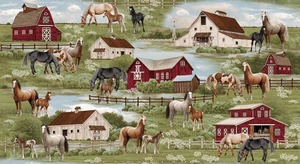 Henry Glass Cottonwood Stables Horse Scenic Sage Cotton Fabric By Yard
