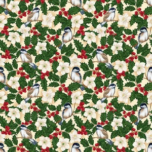 Blank Quilting All Spruced Up Chickadee Ivory Holiday Cotton Fabric By Yard