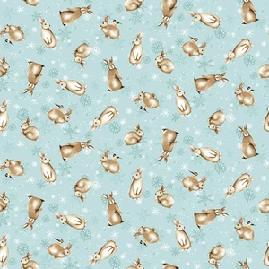 Henry Glass Bundle Up Holiday Bunnies Lt Blue Cotton Fabric By The Yard