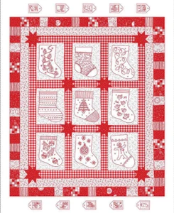 Henry Glass Redwork Christmas Stocking Block Red Cotton Fabric By The Panel