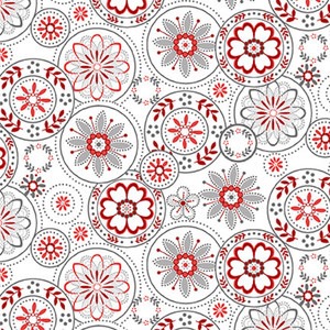 Henry Glass Scarlet Stitches & White Linen Medallions White Cotton Fabric By Yd