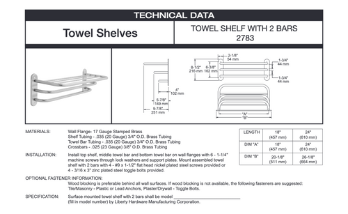 2783PC 24" Towel Shelf w/ 2 Bars Exposed Mount Polished Chrome