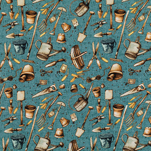 Marjolein Bastin PWMB013 Marjolein'​s Garden Garden Tools Teal Fabric By Yard