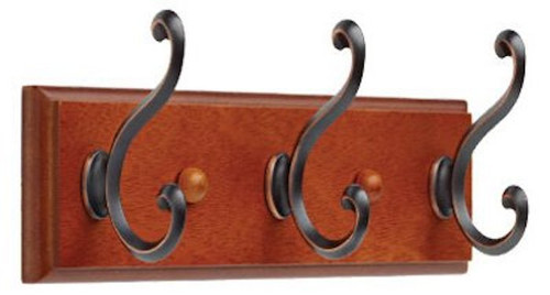085-03-0438 10" 3 Scroll Hook Coat/Hat Rail Dark Caramel w/ Bronze Hooks