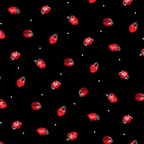 Henry Glass 1191 Poppy Perfection Lady Bugs Black Cotton Quilting Fabric By Yard