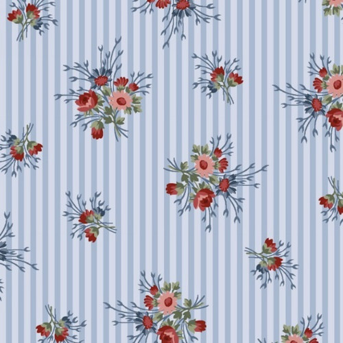Henry Glass 8849 Flowers Of Provence Blue Striped Calico Quilting Fabric By Yd