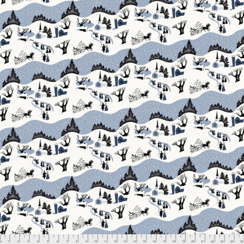 Free Spirit Mid-Century Christmas Winter Village Blue Cotton Fabric By Yd