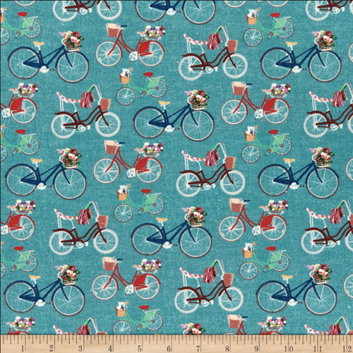 Stof of France Balade Bicycle Teal Cotton Quilting Fabric By The Yard