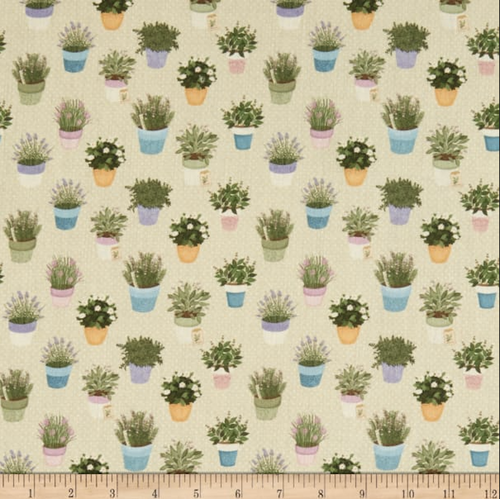 Stof of France Garden Potted Herbs Green Cotton Quilting Fabric By The Yard