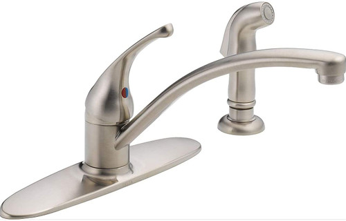 Delta Foundations Stainless Steel 1-Handle Deck Mount Low-Arc Kitchen Faucet w/ Side Sprayer