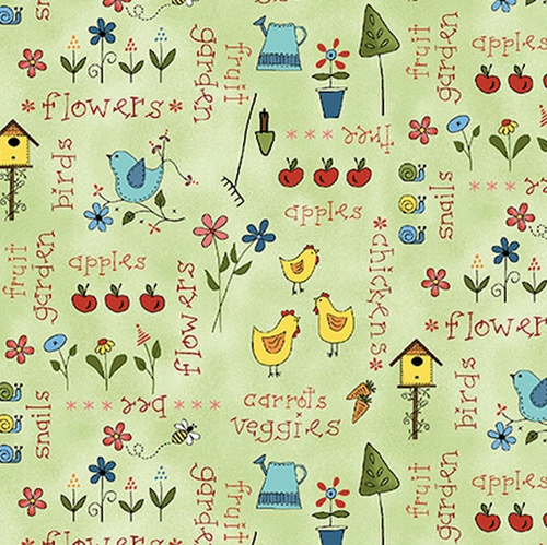 Henry Glass Backyard Happenings Words Green Cotton Fabric By The Yard