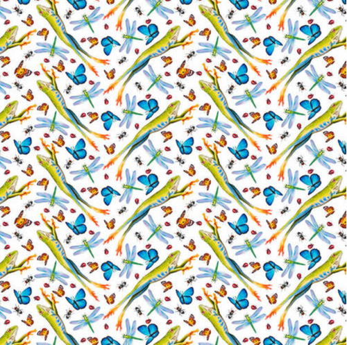 Studio E Jewels of the Jungle Leaping Frog & Insect White Cotton Fabric By Yard