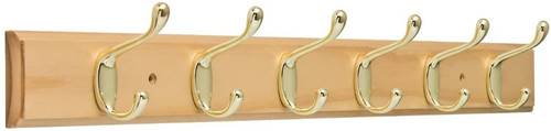 Franklin Brass 26.5" 6 Hook Coat/Hat Rail Pine w/ Polished Brass Hooks