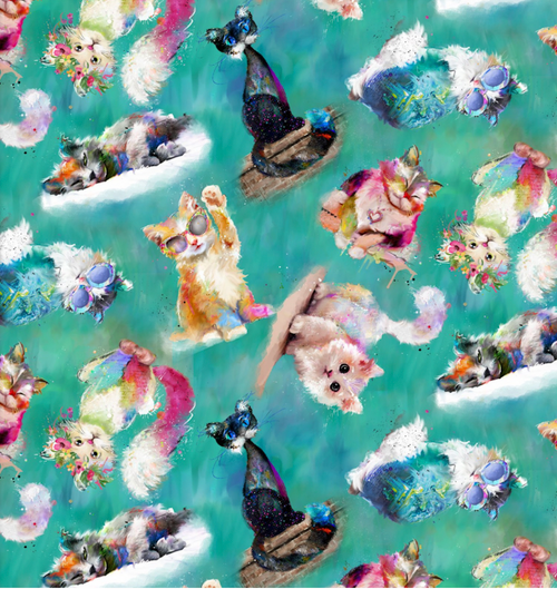 3 Wishes 16548 Good Kitty Tossed Cats Turquoise Cotton Fabric By The Yard