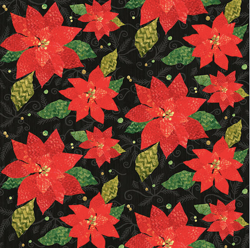 Henry Glass Winter Elegance Poinsettia Cotton Flannel Fabric By The Yard