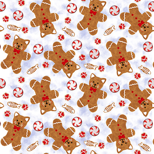 Studio e Kitten Christmas Ginger Cat Cookie White Cotton Fabric By The Yard