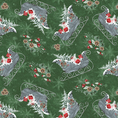 Blank Quilting Joyful Tidings Christmas Sleighs Green Cotton Fabric By The Yard