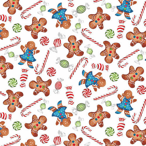 Blank Quilting Gingerbread Factory Gingerbread Cookies & Candy White Cotton Fabric By The Yard